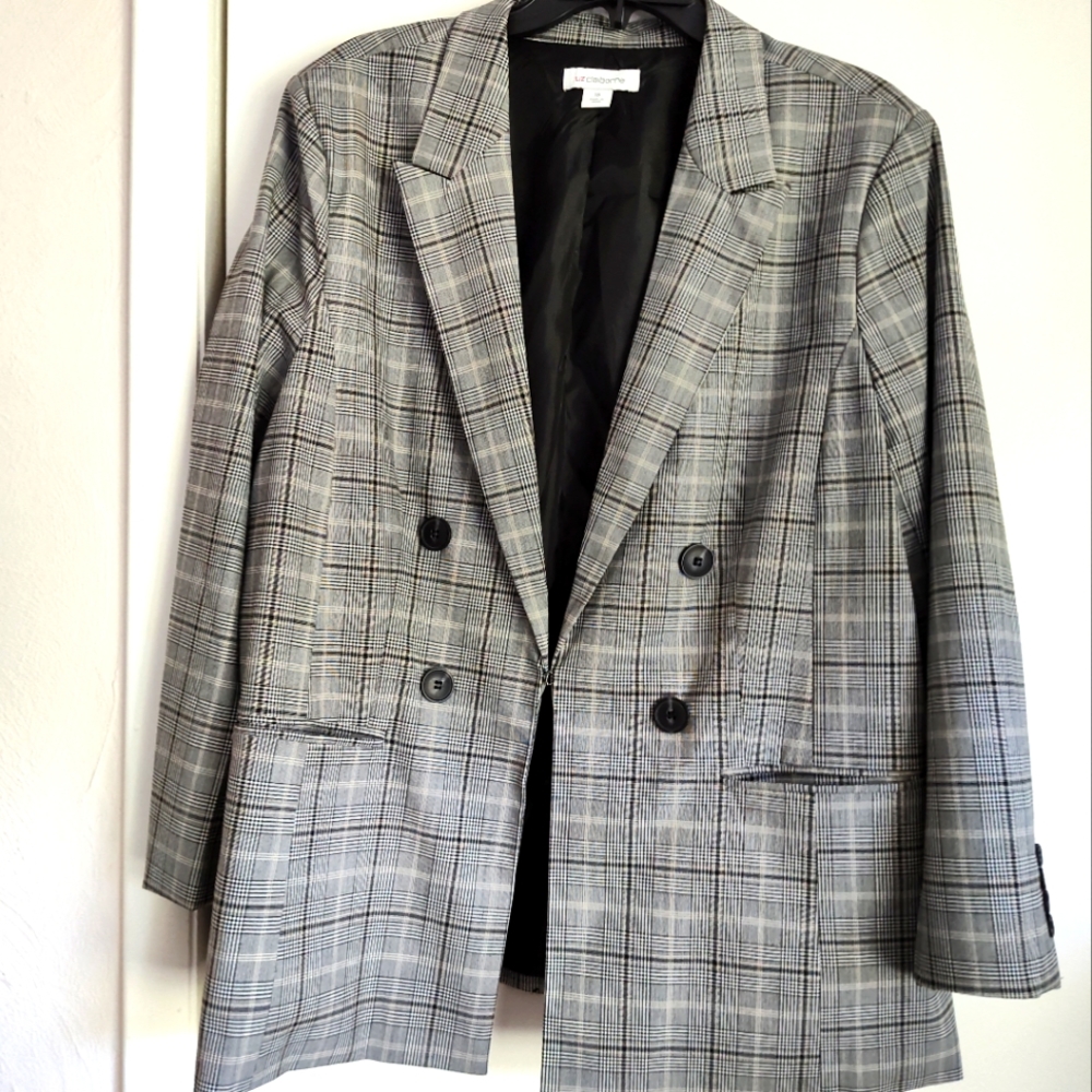 Liz Claiborne Gray Plaid Double-Breasted Blazer